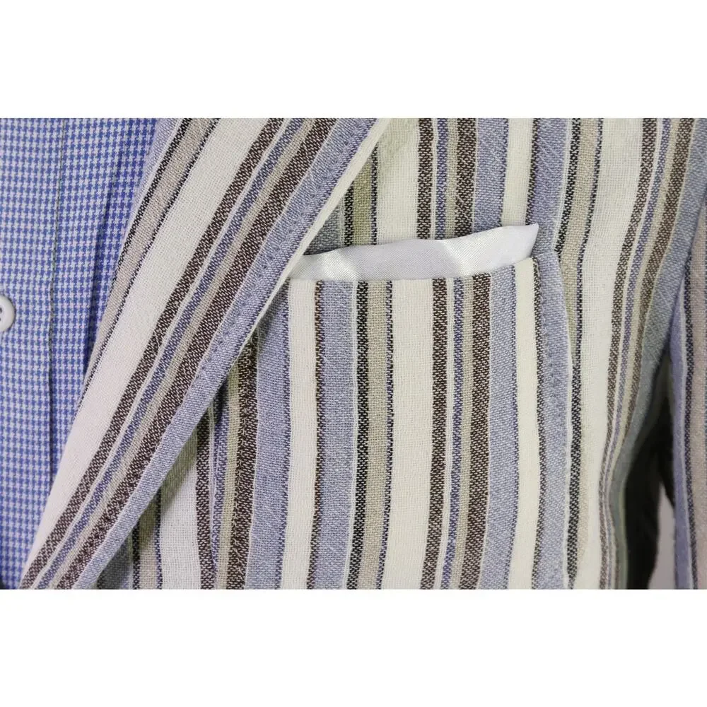 Barbati Blue Brown White Striped Patch Pocket Terry Cotton 2B Blazer Jacket 42R